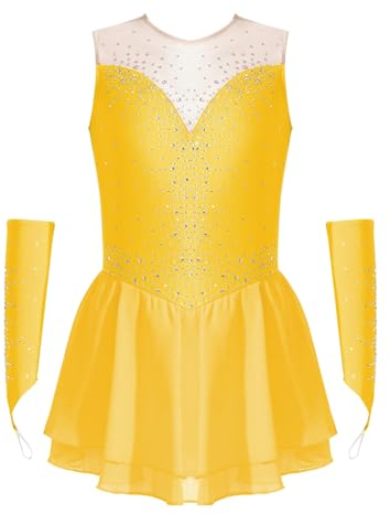 CHICTRY Kürkleider Eiskunstlauf Mädchen Strass Glitzer Ballettkleid Ärmellos Tanzkleid Cut Out Ballettanzug Mit Fingerlose Handschuhe Tanzkostüm Gelb 122-128