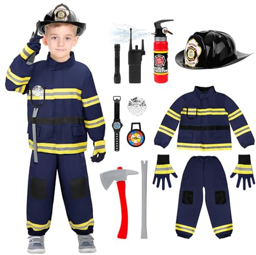 deAO Feuerwehr Kostüm Set für Kinder, Blau Kinder Feuerwehr Rollenspiel Set mit Feuerlöscher Jacke Helm Pfeife, Cosplay für 2 Jahre alte Jungen Mädchen Karneval Halloween Fasching 110cm (Blau-3T)