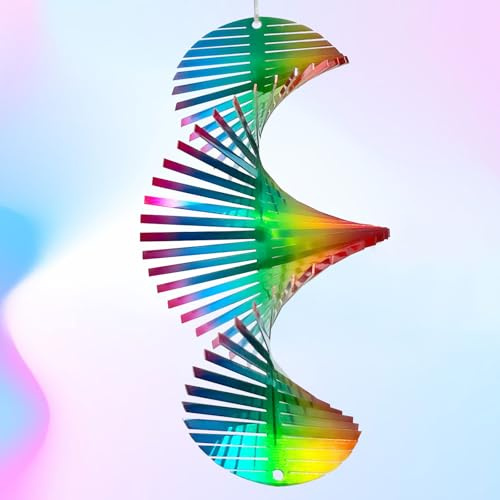 Aoedelyart Girandola a vento con onde arcobaleno, decorazione da appendere per esterni, 18 cm, in acciaio inox, riflettente, scultura a vento, mini elica arcobaleno, per giardini e giardini