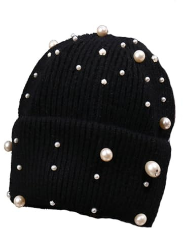 Wisafory Damen Strickmütze mit Perlen Beanie Mütze Warm Wintermütze Atmungsaktiv Bequem Damenmützen Gestrickte Mütze Elastisch Thermomütze Skimützen Laufmütze für Frauen Mädchen Schwarz