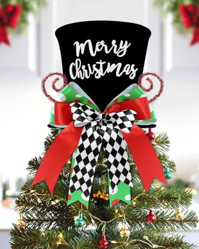 KAHEIGN Puntale per Albero di Natale 25CM Grande Nero Cappello a Cilindro con Pan di Zenzero e Fiocco a Quadri per Casa Inverno Festa Decorazione Desktop Ornamenti