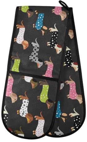 Doppelte Ofenhandschuhe, hitzebeständig, niedlicher Dackel, Hund, Doppel-Ofenhandschuhe, Topflappen, Hitzeschutz, Ofenhandschuhe für Zuhause, Küche, Backen, Kochen, Grillen, Mikrowelle