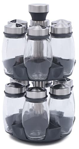 2- Tier 12 Jar Revolving Spice Rack Organizer Storage Stand Glass Seasoning Box Cruet Bottle Condiment Pots Set with 360°Rotating Holder, Salt & Pepper Herb Shakers for Kitchen Cooking Oil Sugar