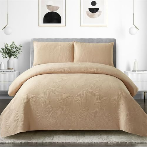 Morbuy Couvre Lit Matelassé 2/1 Personnes, Douce Dessus de Lit avec 2 Taies d'oreiller Léger Couverture Lit Boutis Couvre-Lit Chaud pour Toutes Les Saisons (180 * 220cm,Feuilles-Kaki)