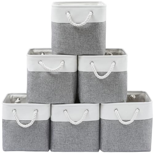 ICEMOR 33×33×33cm Aufbewahrungskorb 6 Pack große Stoff Aufbewahrungskörbe mit Seilen, Faltbare Aufbewahrungswürfel Für Haus, Kleiderschrank, Kleidung, Spielzeug Ordnungsboxen (Weiß & Grau)