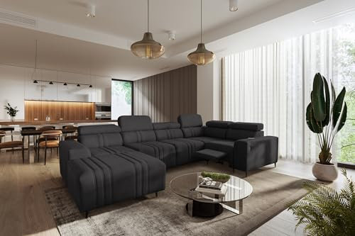 All4All Ecksofa mit Schlaffunktion Fabio IV Mix 340 cm x 202 cm - Eckcouch mit Bettkasten - Wohnlandschaft in U-Form - Modern - XXL Sofa mit Fußhocker - Seite Links - Anthrazit - Easy Clean Stoff 26