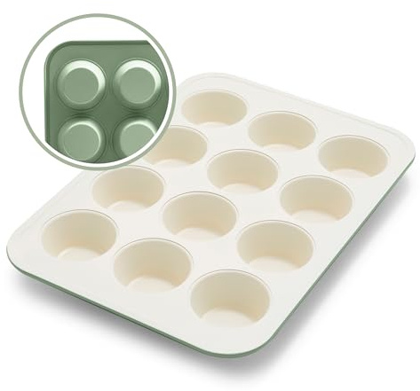 GreenLife 12-Cup Muffin Pan, PFAS-Free Healthy Nonstick Baking Tray, 11.4 x 1.9 x 15.9, Durable Ceramic Bakeware, Cupcakes, Egg Bites, Tarts, Brownies, Sage