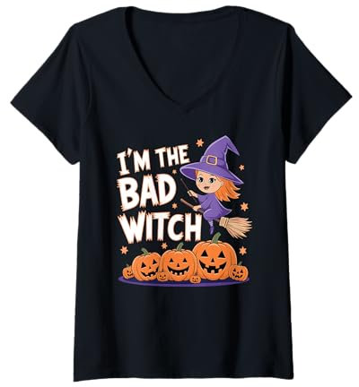 Damen Halloween-Hexe Ich bin die böse Hexe Halloween T-Shirt mit V-Ausschnitt