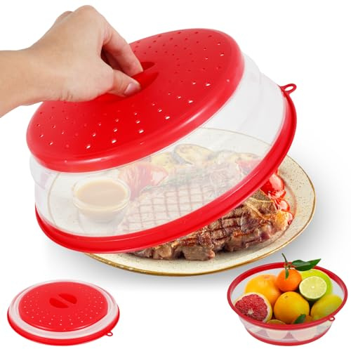 Jokapy Cubierta plegable para microondas, 26,5 cm, cesta de filtro de frutas, protección antisalpicaduras para microondas, con extractor de vapor para microondas, evita salpicaduras (1, rojo)