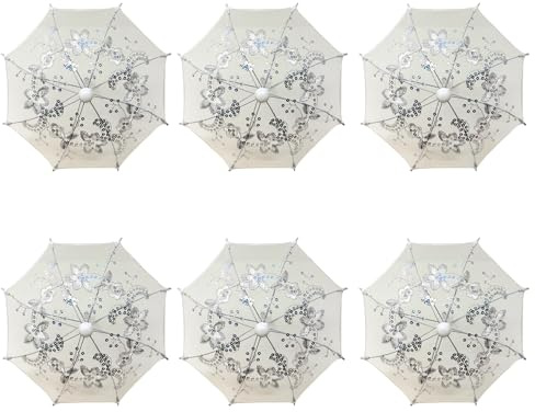 THY COLLECTIBLES Pack of 6 Mini Lace Umbrella Parasols with Sequins - Delicate Decorative Small Umbrella for Weddings, Showers, Parties and Events - 11.6 inch Diameter (White)