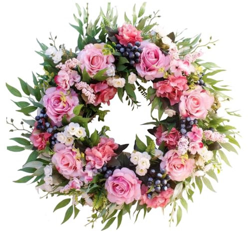 Spring Door Wreath Rose Wreath 22 Inch Fade Resistant Spring Wreaths Realistic Flower Wreath for Front Door Peony Wreath for Farmhouse Door Wall Window Decor