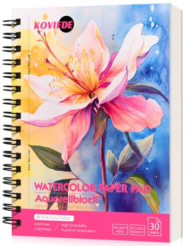 KOVIEDE Bloc de papel de acuarela 100% algodón, 30 hojas de 5,5 x 8,5 pulgadas, encuadernado en espiral, 300 g/㎡, A5, prensa fría, cuaderno de bocetos, acuarela, calidad de artista, suministros para