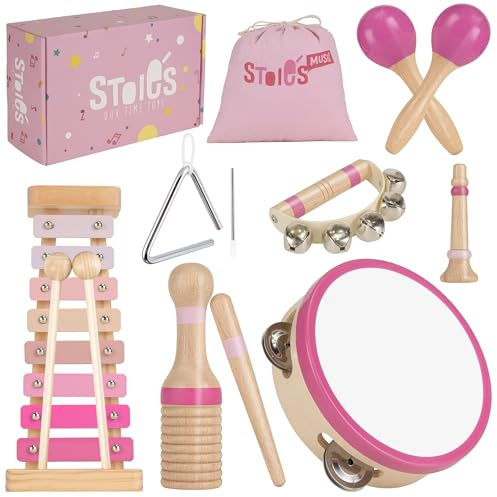 Stoie's Wooden Toddler Musical Instruments with Xylophone, Maracas, Triangle, Tamburine for Babies and Kids, Eco Friendly Montessori Educational Toy