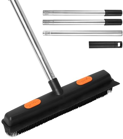 Rubber Broom with Squeegee, 122CM Long Handle Rubber Carpet Brush, Pet Hair Remover Brush, Push Fur Removal Tool for Fluff Carpet, Window, Tile, Hardwood Floor Cleaning(black)