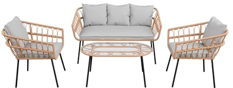 Plait, Gartenmöbel Set, Gartenlounge Möbel, 4-teiliges Garten-Loungeset, Pollyrattan, Sofa 128x74cm, 2 Sessel, Glastisch, Wetterfest Kissen Grau, ZENJOY Outdoor Furniture