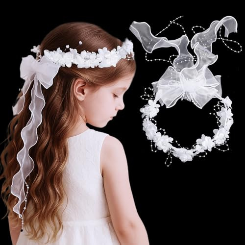 GEEHUA Haarschmuck Kommunion Mädchen, Blumen Stirnband Schleier, Weiße Blume Erstkommunion Schleier Kopfschmuck Mit Perlen Haarschmuck Kommunion Für Frauen Mädchen Hochzeit