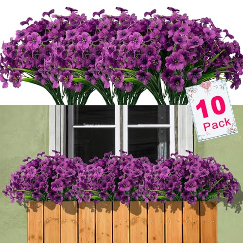 Titifeya 10 Bundles Artificial Purple Violet Flowers Outdoor UV Resistant Plastic Fake Plants, Artificial Faux Plants for Garden Window Box Hanging Planter Indoor Home Porch Decor