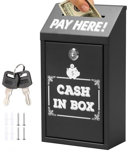 Yallmie Spendenbox Abschließbar Metall, 14.5×7.5×26cm Geldkassette mit Schlüssel Spenden Sammelbox Wandmontage Vorschlagsbox mit Schlüssel und Oberem Einwurf für Zuhause Büro Außentür, Schwarz