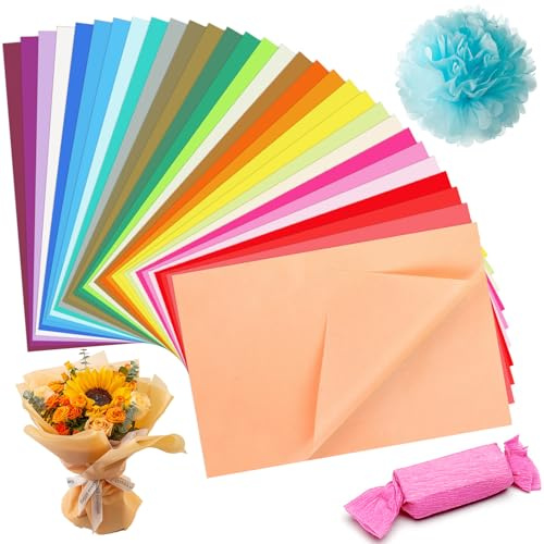 funvce Seidenpapier,500 Blatt A4, 30 Farben, Bastelpapier zum Basteln | 29X20cm, Tissue Paper von Pompons, Papierblumen, Tischdekoration, verpackt in Geschenktüten