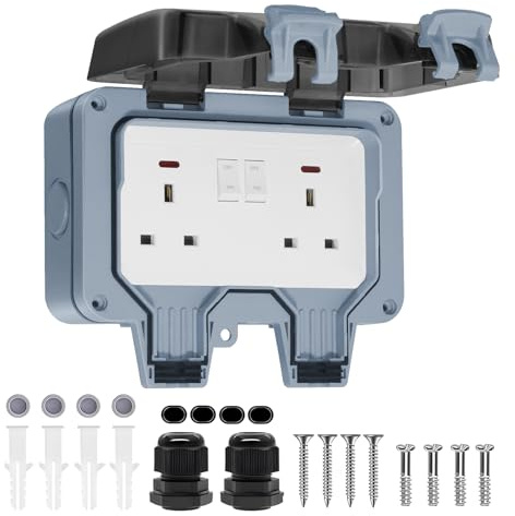 BSEED Outdoor Double Socket IP66 Waterproof 13Amp, Weatherproof Outdoor Double Switched Power Wall Socket with LED Indicator, for Garden, Patio, Yard, RV, Camping, Grey