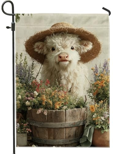 Gartenflagge mit Kuh-Motiv, weißes Kalb mit Strohhut, Blumenmuster, Heimdekoration, Banner, doppelseitige Jute-Hofflagge, Outdoor-Rasen-Dekoration, 30,5 x 45,7 cm