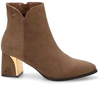 Etika Botines de Tacón Ancho para Mujer, Botín Elegante de Punta Almendrada con Detalle Metálico en el Tacón de 6cm, Cierre con Cremallera, Modelo 32019 Kakhi - 36