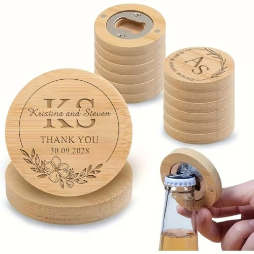 Apribottiglie Magnetico Rotondo Personalizzato, Apribottiglie/sottobicchiere In Legno 2 In 1 Personalizzato Con Nome E Data Incisi, Regalo Per Gli Ospiti Di Matrimoni,Feste E Amanti Della Birra(20pcs)