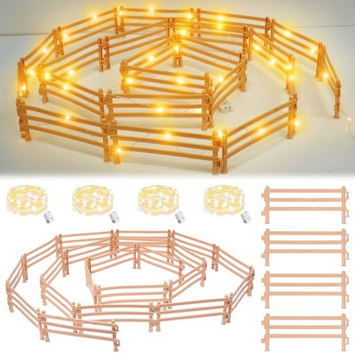 JOKILY 40 Stück Pferdezaun Spielzeug, Pferdezaun Spielzeug mit Licht, LED Pferd Corral Fechten Zubehör, Koppel spielzeugs für Pferd Stall Nutztier Scheune Zaun Panel DIY Zubehör Micro Landschaft Deko