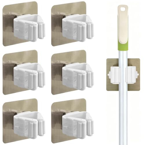 EJRUP 6 Stück Besenhalterung Wand Selbstklebend, Wandhalterung Besen, Besenhalter Selbstkleben, Aufhänger für Besen, Mop Halterung Ohne Bohren,Geeignet für Besenstiel, Küche, Bad, Garten, Garage(Weiß)