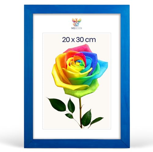 MG Design Bilderrahmen 20 x 30 cm – Fotorahmen mit Blau Holzrahmen (Echtholz) und bruchsicherem Acrylglas, Hoch & Quer zum Aufhängen, zum Aufstellen