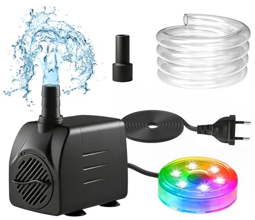 Aquariumpumpe Teichpumpe 15W 800L/H, T-SUNUS Springbrunnen Pumpe für Außen RGB, Ultra Leise Brunnenpumpe mit 3M Kabel und Schlauch für Teich Brunnen Hydroponik