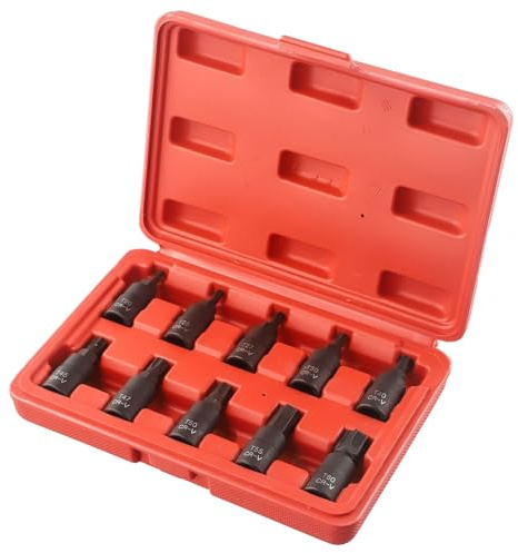 Lot de 10 douilles hexagonales en chrome vanadium avec entraînement 3/8 pour embouts Torx T20-T60, compatible avec cliquet et clés dynamométriques