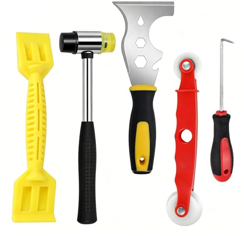 Lot de 5 outils de vitrage de fenêtre avec marteau en caoutchouc multifonction, burin couteau 13 en 1, rouleau de fenêtre rouge, pelle à bande en caoutchouc et crochet de crochet, ensembles d'outils à