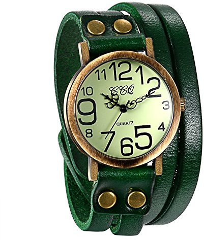 JewelryWe Herren Damen Armbanduhr, Leder Armband Wickelarmband, Casual Retro, Analog Quarz Uhr, Vintage grünes Digital Zifferblatt, 3 Farben