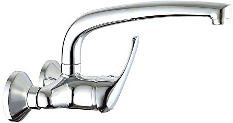 Kibath Grifo monomando de cocina fregadero BAT de pared con caño largo giratorio, Fabricado en latón con acabados en cromo brillo, Distancia entre las tomas de 11 cm, Repuestos garantizados