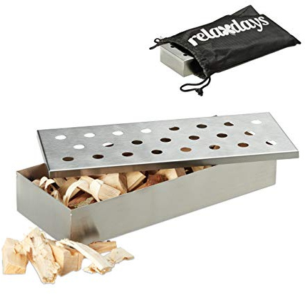 Relaxdays Smoker Räucherbox Edelstahl, Deluxe, rostfrei, mit Tragebeutel, Räucheraroma genießen, 22,5x9,5x4 cm, silber