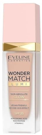 Eveline Cosmetics Wonder Match LUMI Foundation LSF 20 – Feuchtigkeitsspendende, ausgleichende Make-up-Formel mit Vit. C, Hyaluronsäure & Rosenextrakt – Strahlenden Glow & ebenmäßigen Teint