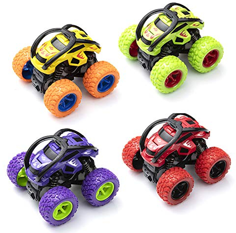 Monster Trucks Spielzeug 4 Stück Reibungsbetriebene Rennwagen LKW Zurückziehen 360 Grad Rotierendes Geländewagen Spielzeugauto für Geschenk 3 4 5 6 7 8 Jahre Jungen Mädchen (A)