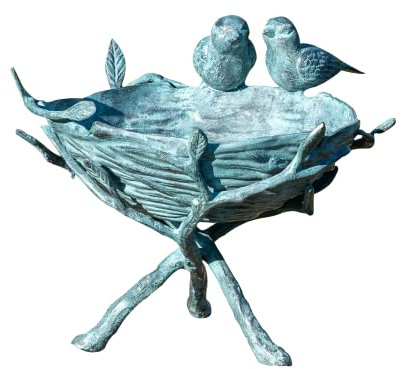 IDYL Bronze-Skulptur Zwei Vögel auf einem Vogelnest | 19x31x37 cm | Tierfigur aus Bronze handgefertigt | Gartenskulptur oder Teich-Dekoration | Hochwertiges Kunsthandwerk | Wetterfest