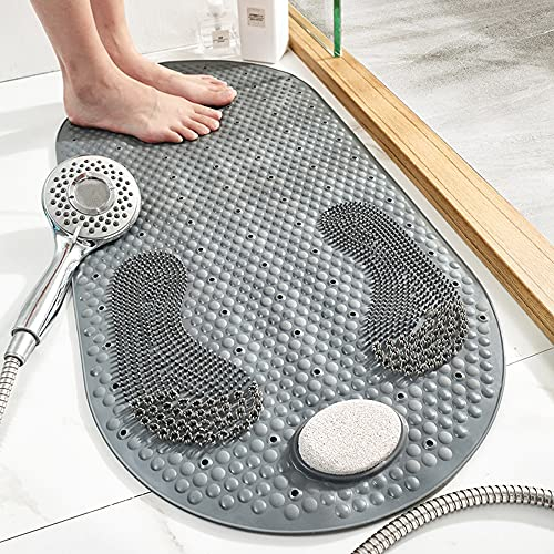 DINGC Tappetino Antiscivolo Doccia con Pietra Pomice Rimovibile, Tappetino Antiscivolo Doccia con Ventose e Fori di Drenaggio, Tappetino Antiscivolo Vasca per Pavimento Levigante 80x40 cm (Grigio)