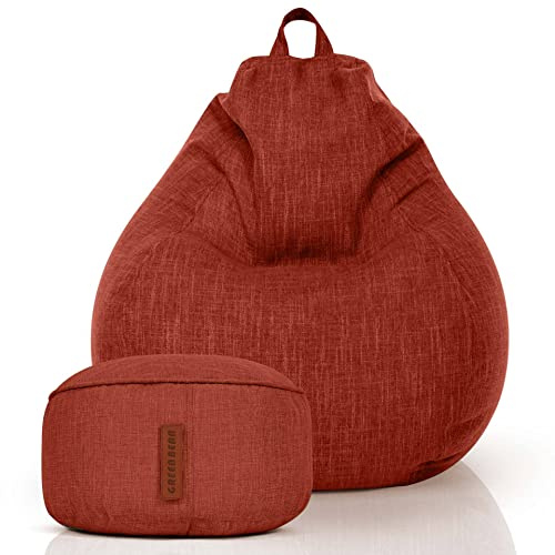 Green Bean Indoor XXL Sitzsack Home Linen + Hocker mit EPS-Perlen Füllung - Sitz-Pouf Bodenkissen Liegekissen Sitzkissen Lounge Chair Sitzhocker Relax-Sessel Bean Bag Rot