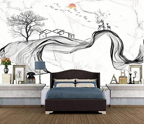 NEWWALLMURAL Papier Peint 3D Intissé Lignes D'Arbre Noir Et Blanc Abstrait D'Encre Papier Peint Panoramique 3D Moderne Décoration Murale 250cmX175cm