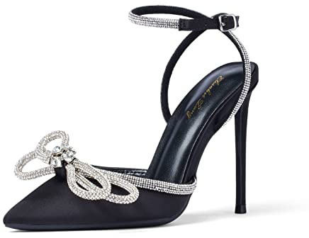 Zhabtuc Scarpe col Tacco Alto da Donna, Sandali con Lacci e Fiocco in Raso e Strass, Punta affilata, Cinturini con Fibbia alla Caviglia, Raso Nero, 42 EU