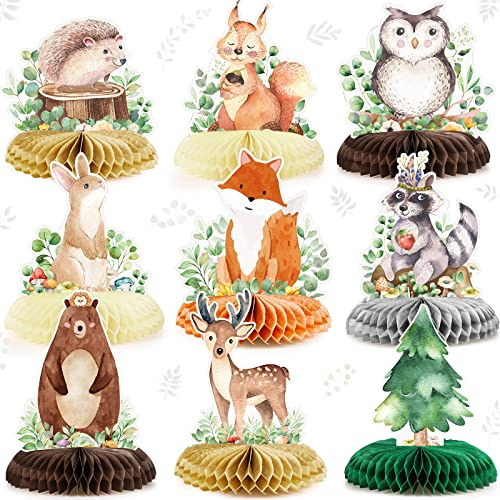 Fumete 9 Pack Woodland Animals Honeycomb Centerpieces 3D Table Topper Forest Baby Shower Decorations Safari Jungle Wildlife Creatures Sage Green Theme Decor for Girl Boy First Birthday Party Camping