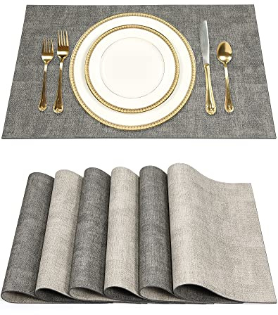 SUEH DESIGN Tischsets und Platzsets im 6er-Set in Lederoptik, Abwaschbar | Abwischbar Tischsets, Hitzebeständiges PU Kunstleder Platzdeckchen, 43cm x 31cm Hellgrau und Rauchgrau