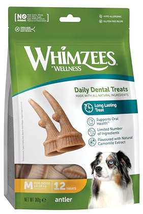 WHIMZEES Antler, geweihförmiger Hundesnack für mittelgroße Hunde, Größe M, 12 Stück, wirkt beruhigend, ohne Zuckerzusatz, getreidefrei, natürlich, fettarm