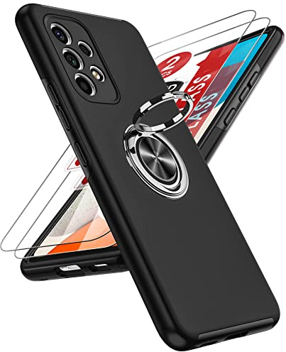 LeYi für Samsung Galaxy A53 5G Hülle mit 2 Panzerglas‑Schutzfolien(Schwarz) | Samsung Galaxy A53‑5G Hülle für TPU Militärschutz Hybrid Schutzhülle mit 360° Metall Ring Halter Ständer Stoßfest Case Cover