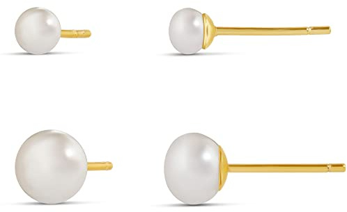 Amazon Essentials 14K Gold Plated Sterling Silver Freshwater cultured Pearl Stud Set 4mm/6mm, Yellow Gold