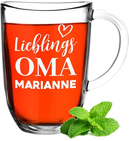Teeglas Glasbecher mit personalisierter Wunschgravur für Oma - Espressotasse 380 ml mit Namen - Geschenk zum Geburtstag und Weihnachten - Geschenkidee für Frauen - Thermoglas Glühweinbecher