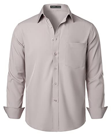 PARKLEES Camisa de vestir de ajuste regular para hombre, sin arrugas, manga larga, casual, negocios, con botones, con bolsillo, Gris almendra, L